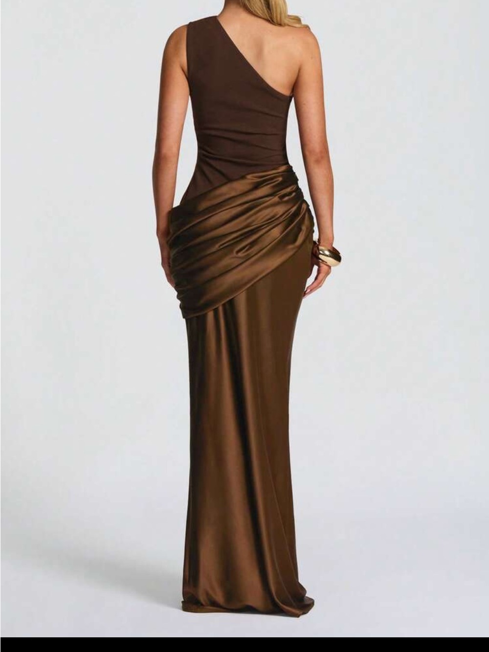 Elegant One-Shoulder Brown Satin Evening Dress - Picture 3 of 5